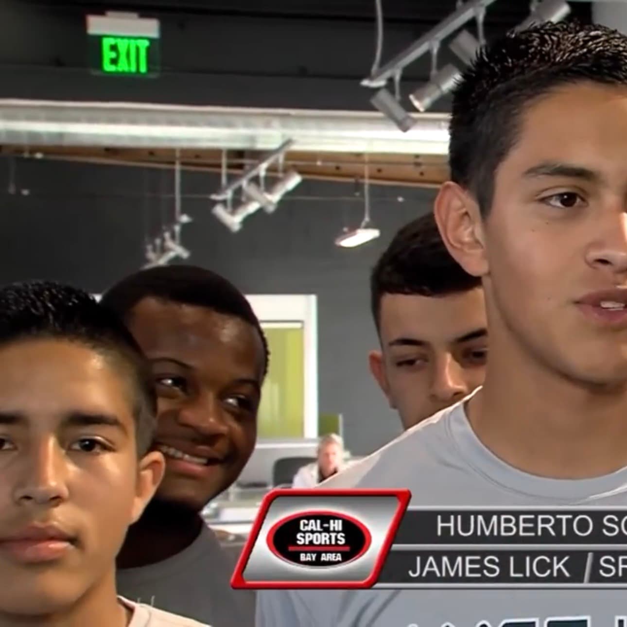 Cal-Hi Sports Bay Area TV interview segment with James Lick High School soccer players in the background.