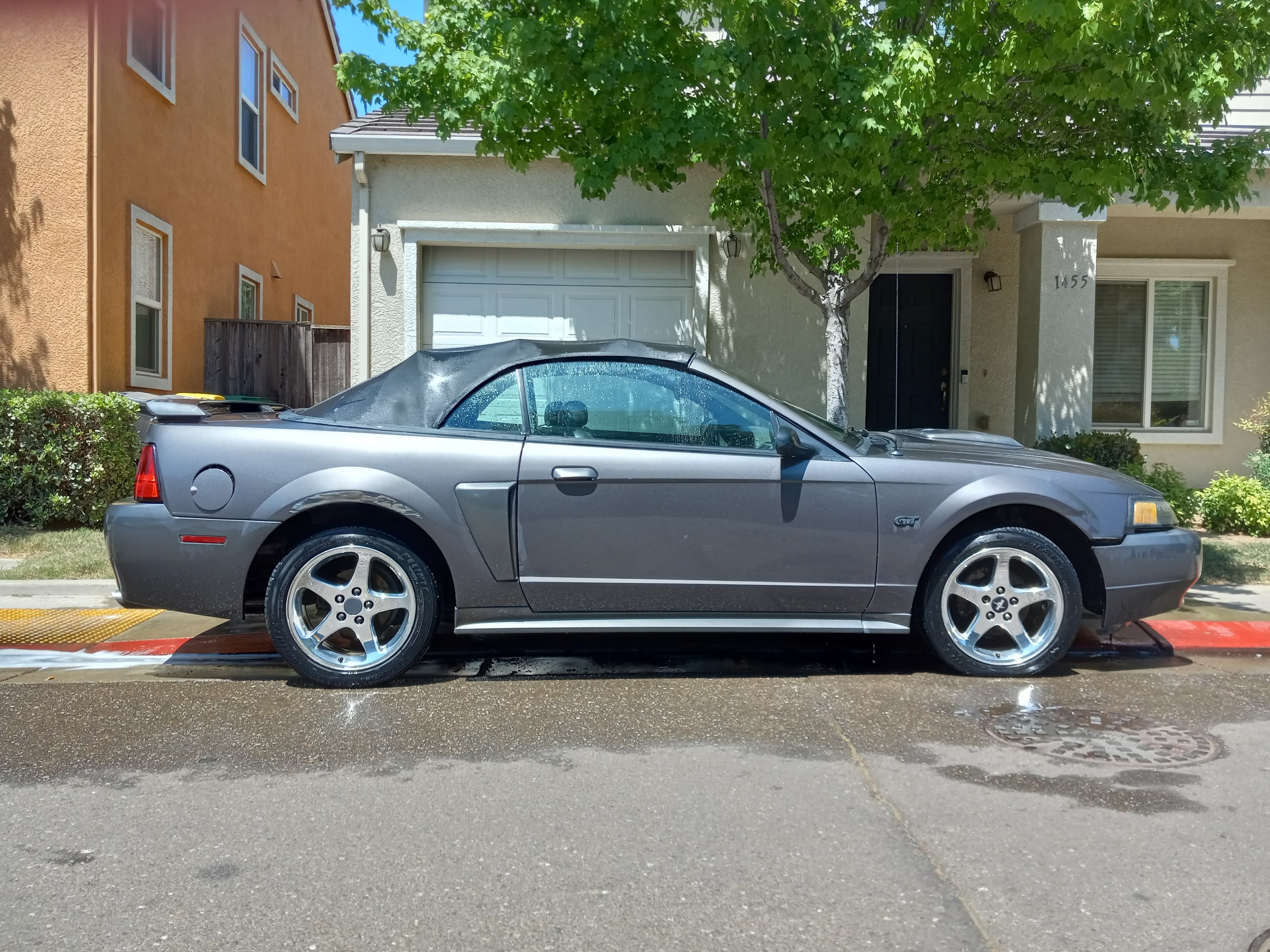 Gray Ford Mustang GT convertible parked on a residential street, wet from a recent wash.